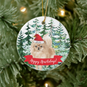 Glückliches Howlidays Zwergspitz-Hund Weihnachts-S Keramik Ornament