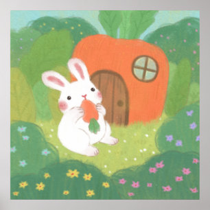Glückliches Kaninchen mit Karotte im Wald Poster