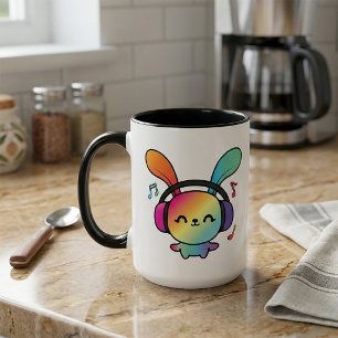 Glückliches Kaninchen mit Kopfhörern beim Musikhör Tasse