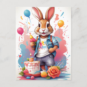 Glückliches Kaninchen mit Kuchen    Postkarte