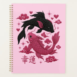 Glückliches Koi Yin-Yang Stickerei   Schwarze & Ro Planer