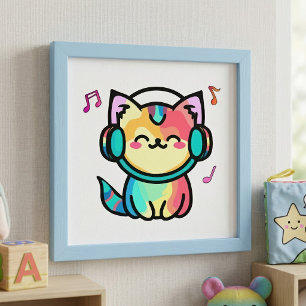 Glückliches lächelndes Baby-Miezekatze mit Kopfhör Fotodruck