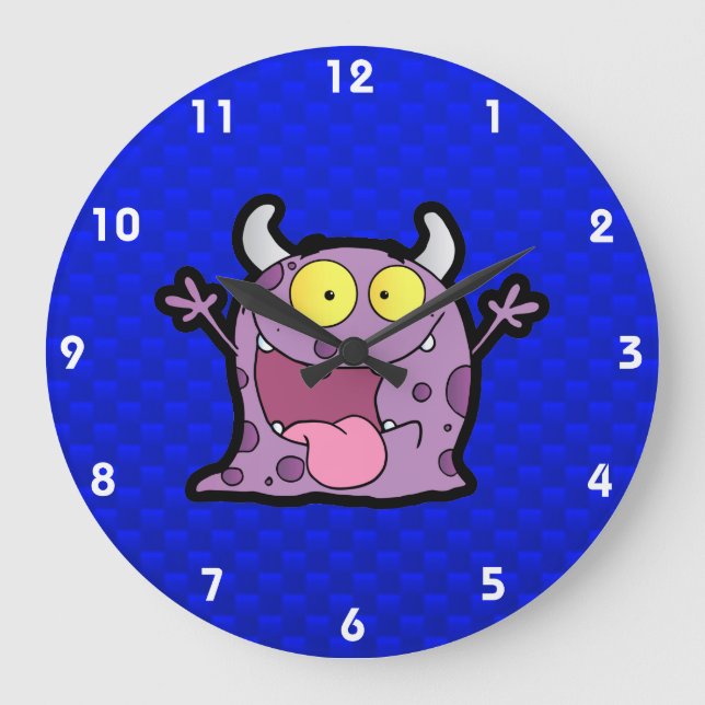 Glückliches lila Monster; Blau Große Wanduhr (Vorderseite)