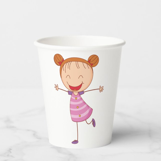 Glückliches Mädchen Stickfigur Oranges Haar in Bun Pappbecher (Vorderseite)