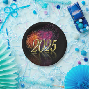 Glückliches neues Jahr 2025 Gold Fireworks Pappteller