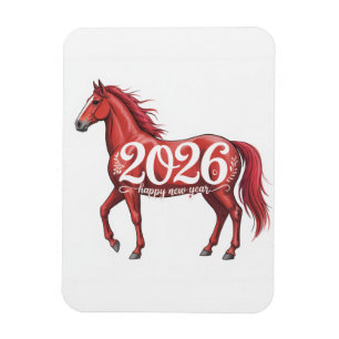 Glückliches Neues Jahr 2026 Karte Rotes Pferd Illu Magnet