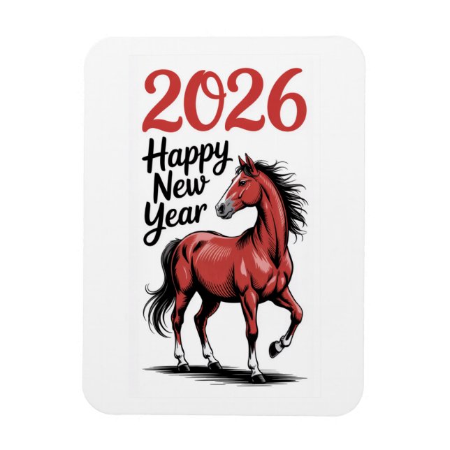 Glückliches Neues Jahr 2026 Karte Rotes Pferd Illu Magnet (Vertikal)