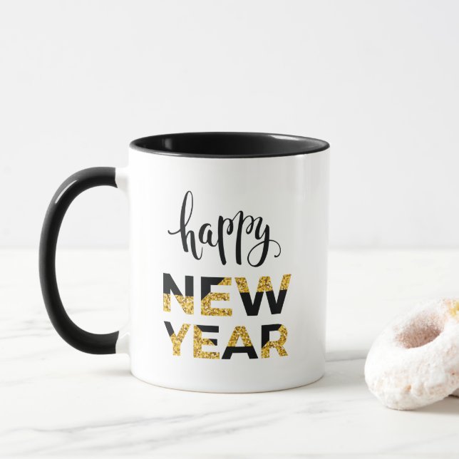 Glückliches neues Jahr fasst Tasse ab (Mit Donut)
