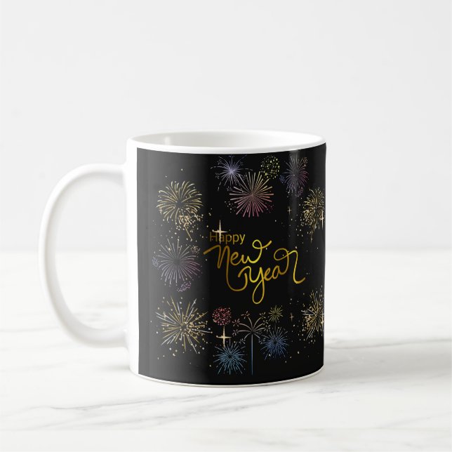 glückliches neues Jahr , Feuerwerk und schwarzer H Kaffeetasse (Links)