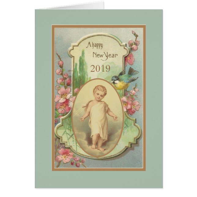 Glückliches neues Jahr-Kinderjesus-Vintages Blumen (Vorne)