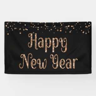 GLÜCKLICHES NEUES JAHR Kupfer Gold Confetti Schwar Banner