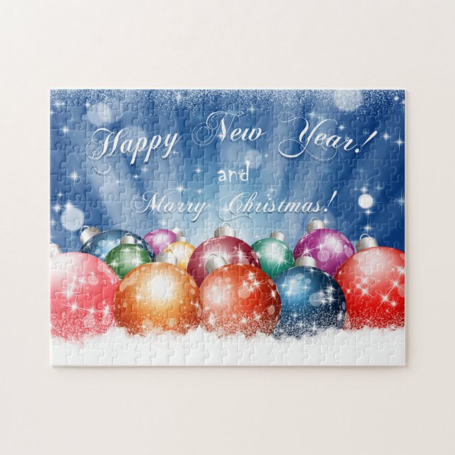 Glückliches neues Jahr und frohe Weihnachtsbaubles (Horizontal)