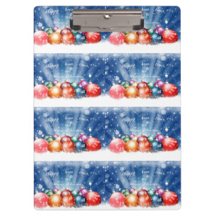 Glückliches neues Jahr und frohe Weihnachtsbaubles Klemmbrett