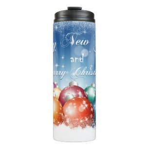 Glückliches neues Jahr und frohe Weihnachtsbaubles Thermosbecher