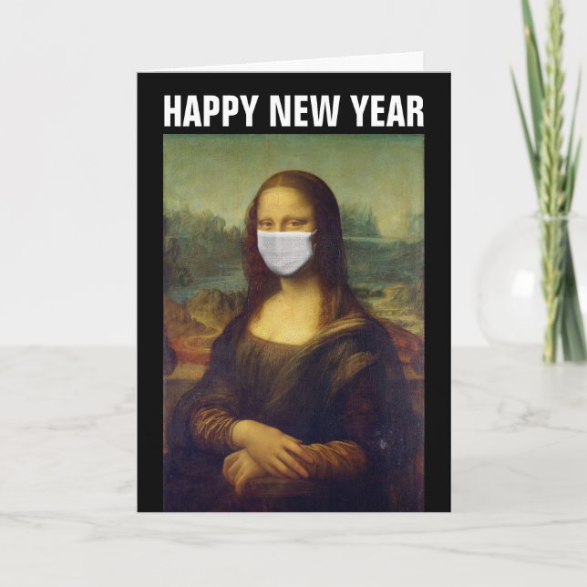 GLÜCKLICHES NEUJAHR 2021 KARTE MONA LISA MIT MASK (Vorderseite)