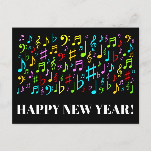 GLÜCKLICHES NEUJAHR + Farbige Musiksymbole Postkar Postkarte (Vorderseite)