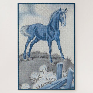 glückliches Pferd in Blau