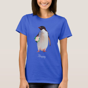 Glückliches Pinguin Blumen Haltendes T-Shirt