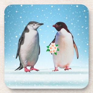 Glückliches Pinguin-Paar, eines hält Blumen Getränkeuntersetzer