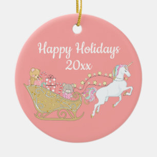 Glückliches Pink-Weihnachts-Einhorn auf dem Weihna Keramik Ornament