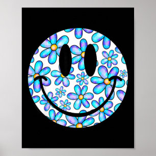 Glückliches Retro-Gänseblümchen-Lächelgesicht Blau Poster