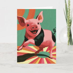 Glückliches Retro-Sonnenstrahl-Schwein in bunten F Karte