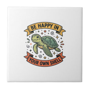 Glückliches Schildkröten-Zitat Vintage-Stichdesign Fliese