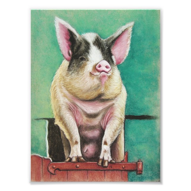 glückliches Schwein in Pastelltiermalerei Fotodruck (Vorne)