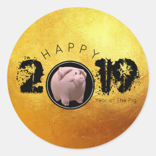Glückliches Schwein-Jahr 2019 ursprüngliches 3D Runder Aufkleber