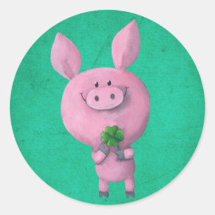 Glückliches Schwein mit glücklichem vierblättri Runder Aufkleber