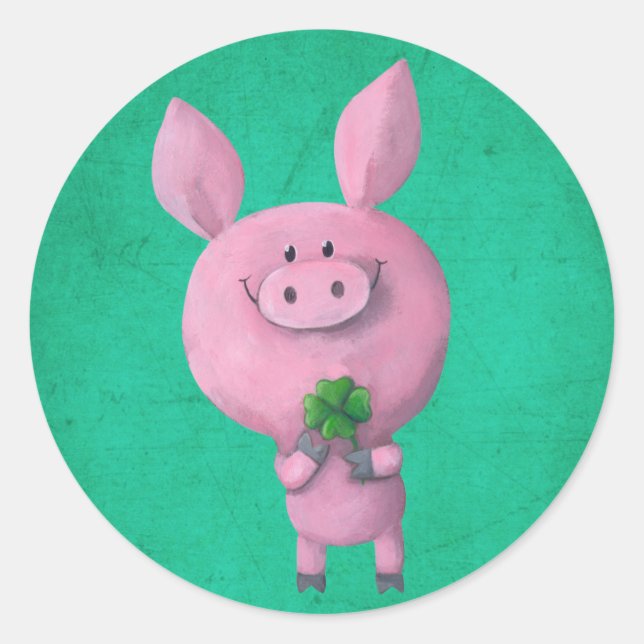 Glückliches Schwein vierblättriges Kleeblatt Runder Aufkleber (Vorderseite)