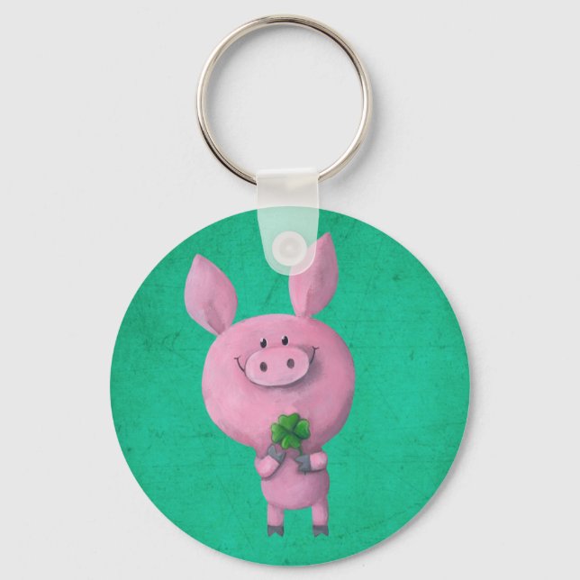 Glückliches Schwein vierblättriges Kleeblatt Schlüsselanhänger (Vorderseite)
