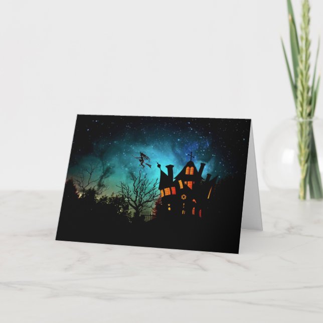 Glückliches Spuk Haus und Hexe Halloweens Karte (Vorderseite)