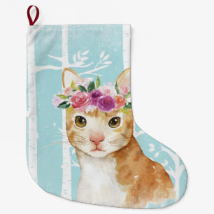 Glückliches Tier mit Blumen in blauem Wald-Katze Großer Weihnachtsstrumpf