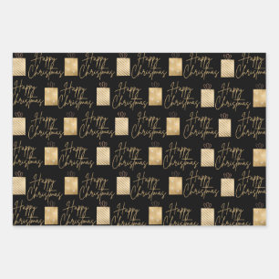 Glückliches Weihnachtsgold und schwarzes Wrapping Geschenkpapier Set