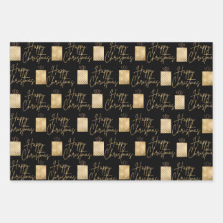 Glückliches Weihnachtsgold und schwarzes Wrapping Geschenkpapier Set