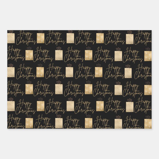 Glückliches Weihnachtsgold und schwarzes Wrapping  Geschenkpapier Set (Vorderseite)