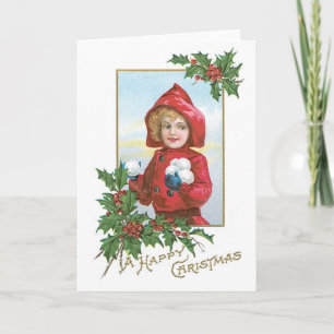 Glückliches Weihnachtsmädchen mit Schneebällen Feiertagskarte