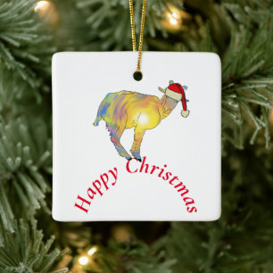 Glückliches Weihnachtsziege in Santa-Hut Keramikornament