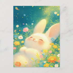 Glückliches weißes Kaninchen auf magischer Blumenw Postkarte
