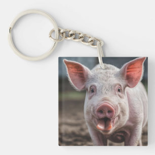 Glückliches weißes Schwein streckt die Zunge herau Schlüsselanhänger