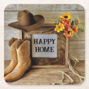 Glückliches Zuhause Cowgirl Cowboy-Stil mit Cowboy Rechteckiger Pappuntersetzer