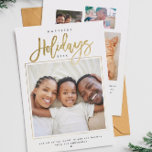 Glücklichste Feiertage Minimalistisches Gold FotoC Feiertagskarte<br><div class="desc">Minimalistische Foto-Urlaubskarte in einem modernen Skript Typografie-Design Lesung HAPPIEST HOLIDAYS mit Ihrer persönlichen Nachricht und Ihr Lieblings-Foto gerahmt mit einer gedruckten Gold-Kontur. Mit dieser niedlichen,  einfachen,  trendigen und schlichten Schreibwaren können Sie Ihren Lieben Freude bereiten. Auf der Rückseite befindet sich eine Collage aus mehreren Fotos.</div>