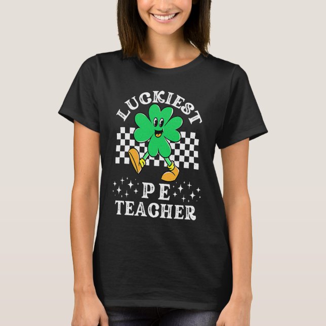 Glücklichster PE-Lehrer Retro Checkered Kleeblatt  T-Shirt (Vorderseite)