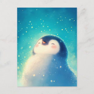 Glückseliger Baby Pinguin im blauen Schnee Postkarte