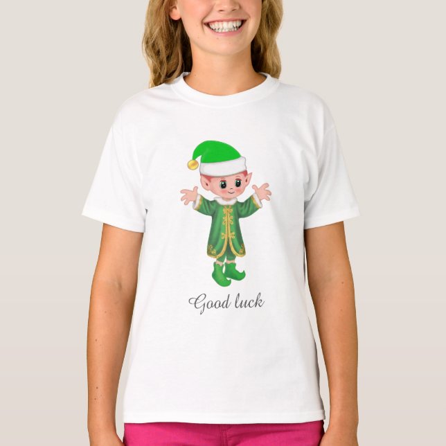 Glückseliger Elf & Schrift T-Shirt (Vorderseite)