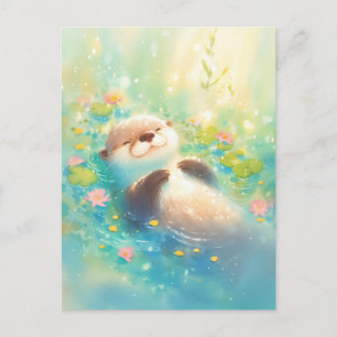 Glückseliger Otter schwebt in rosafarbenem Lilient Postkarte
