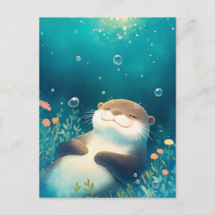 Glückseliger Otter schwebt in träumerischem blauem Postkarte