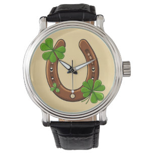 Glückshufeisen mit grünen Shamrocks Armbanduhr