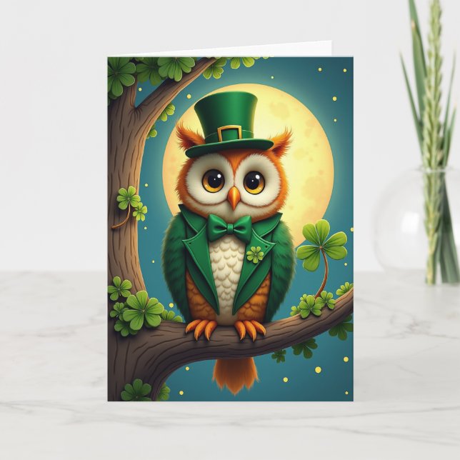 Glückskarten-Eule zum St. Patrick's Day Karte (Vorderseite)